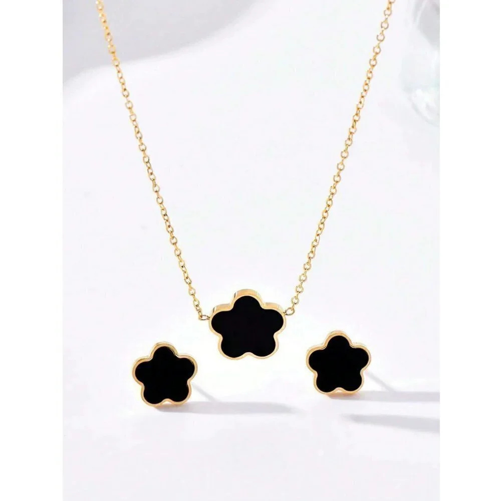 Floral Necklace Earrings Gold Tone Titanium Steel set - black - Picture 3 of 3